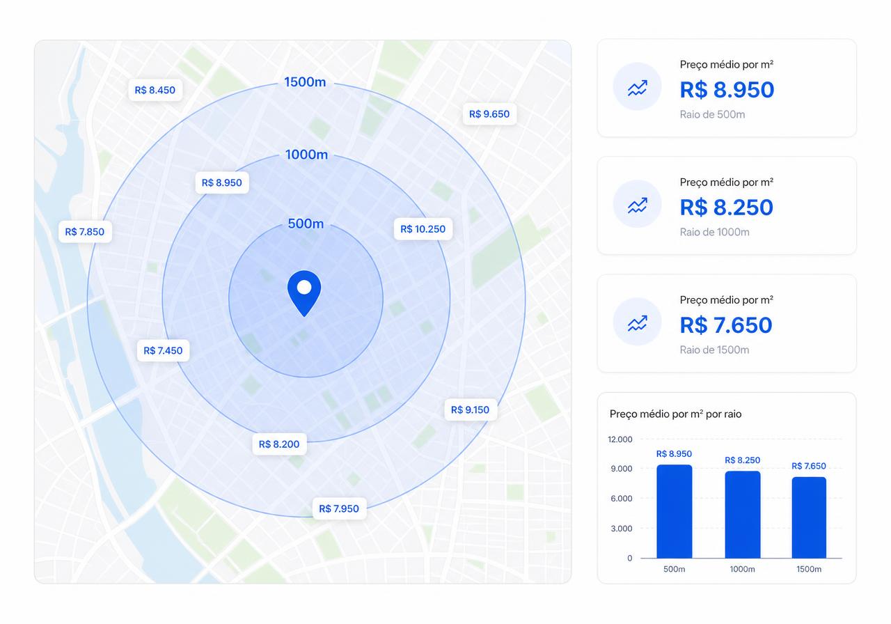Mapa da pesquisa de mercado com raios de 500, 1000 e 1500 metros e preço médio por m²